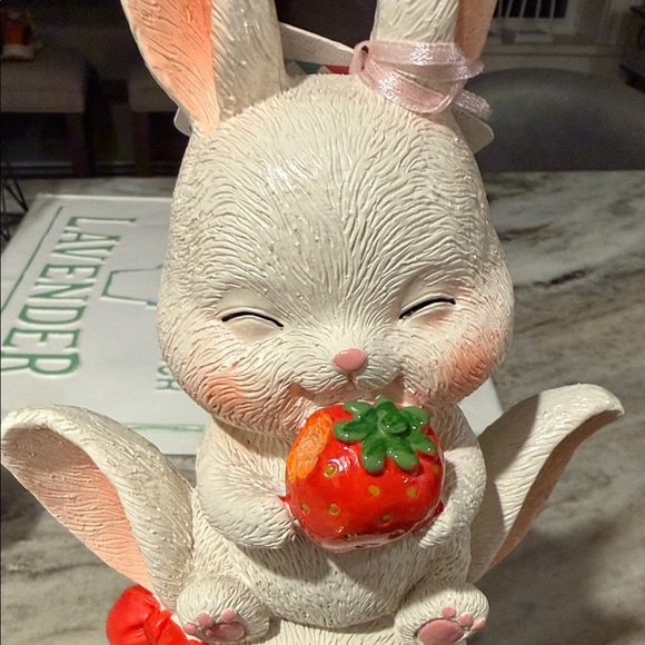 Stacked Bunny Figurine Holding Strawberries - White with Red Accents - Picture 4 of 5